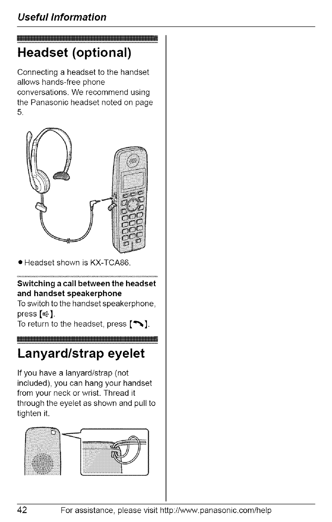 Panasonic KX-TG6072, KX-TG6073, KX-TG6074, KX-TG6071 operating instructions Headset optional, Lanyard/strap eyelet 