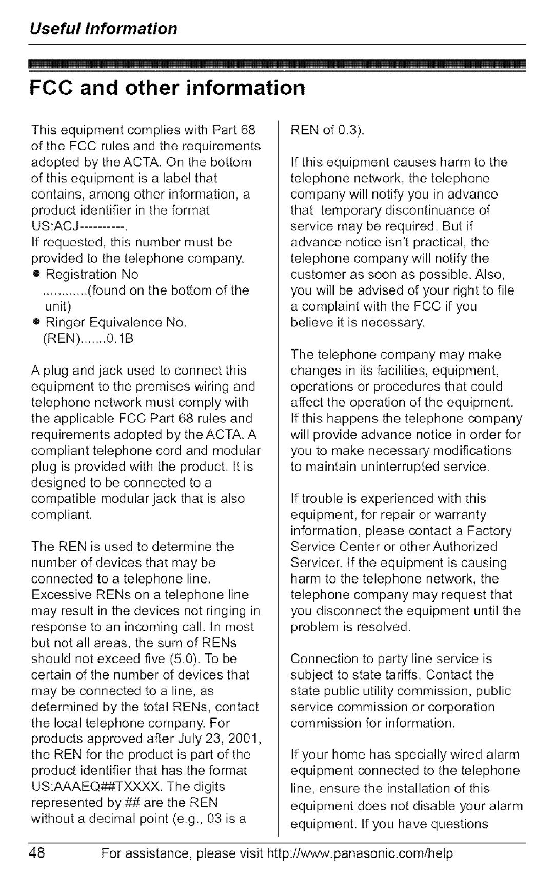 Panasonic KX-TG6073, KX-TG6074, KX-TG6072, KX-TG6071 operating instructions FCC and other information, Ren 