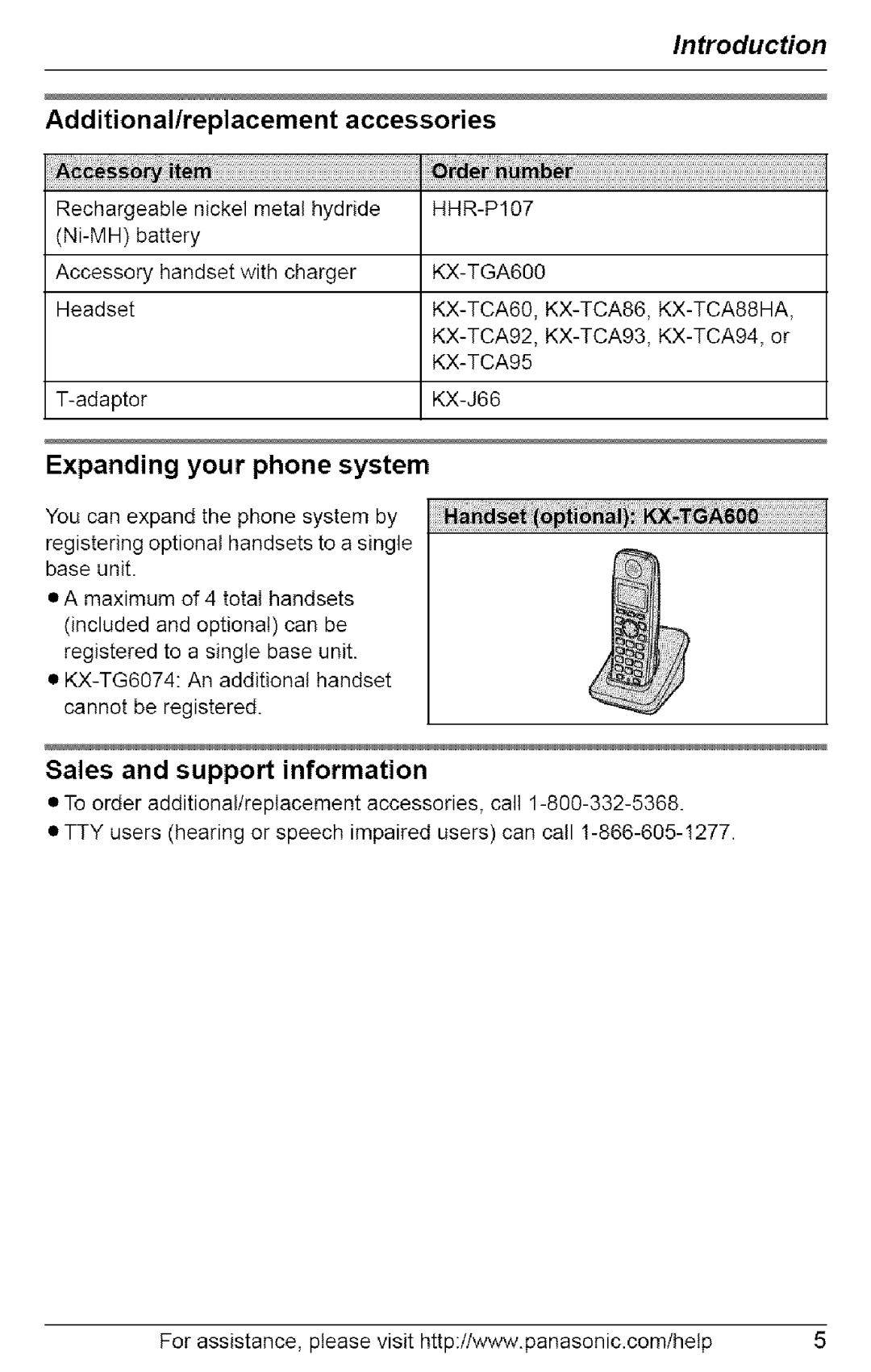 Panasonic KX-TG6074 Additionallreplacement accessories, Expanding your phone system, Sales and support information 