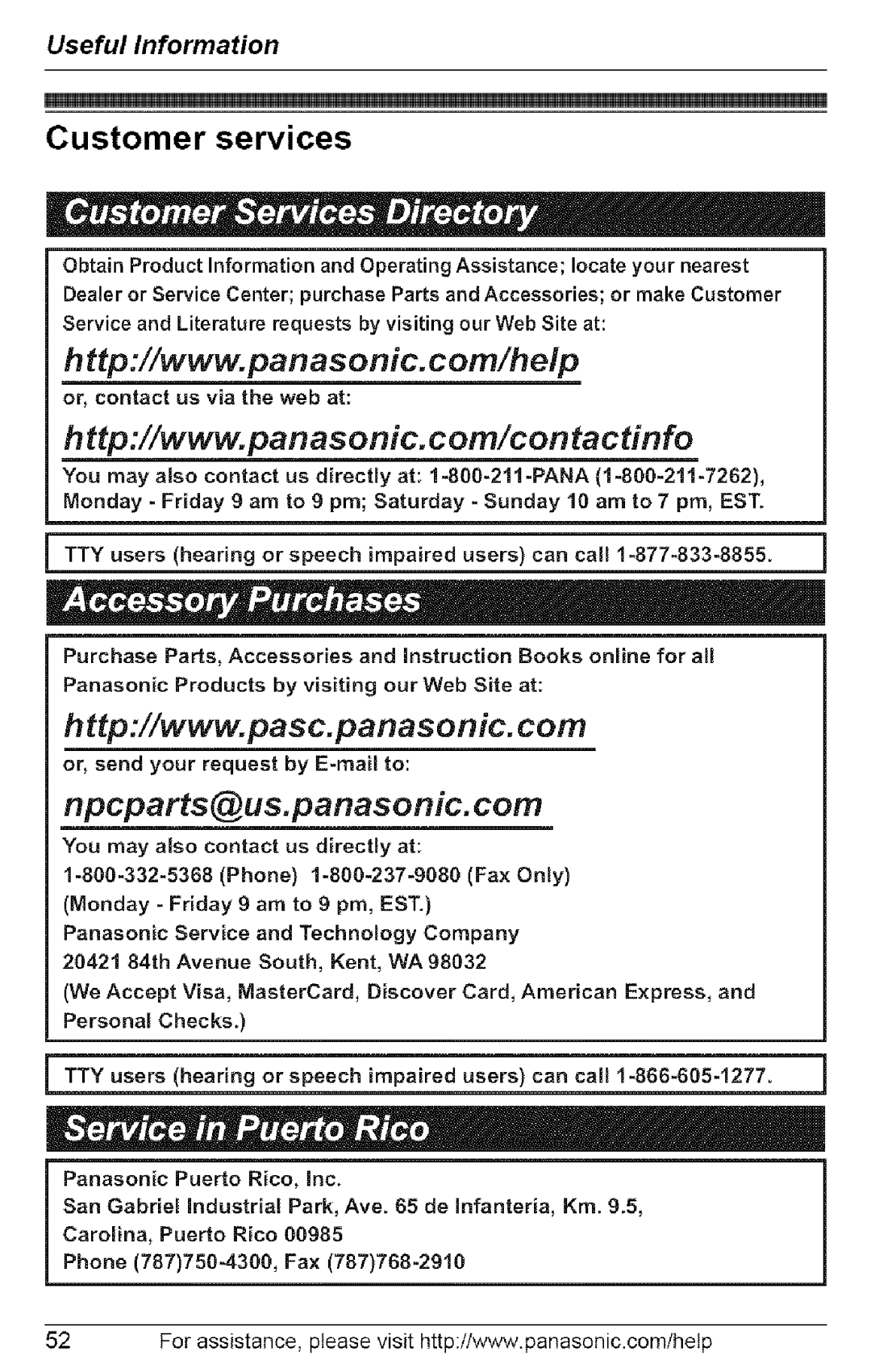 Panasonic KX-TG6073, KX-TG6074, KX-TG6072, KX-TG6071 operating instructions Customer services, Panasonic Puerto Rico, inc 