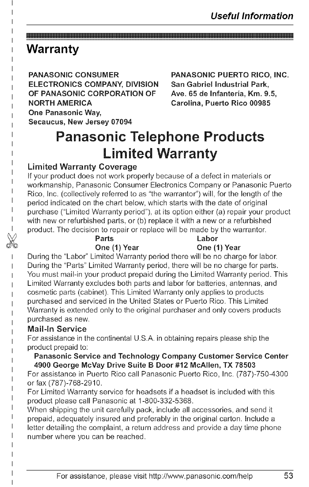 Panasonic KX-TG6074, KX-TG6073, KX-TG6072, KX-TG6071 operating instructions Warranty, Puerto Rico 