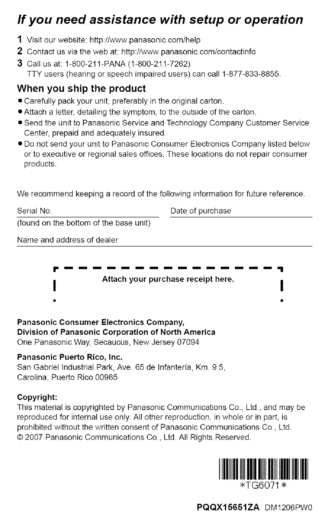 Panasonic KX-TG6073, KX-TG6074, KX-TG6072 When you ship the product, TG6071, Attach your purchase receipt here, Copyright 