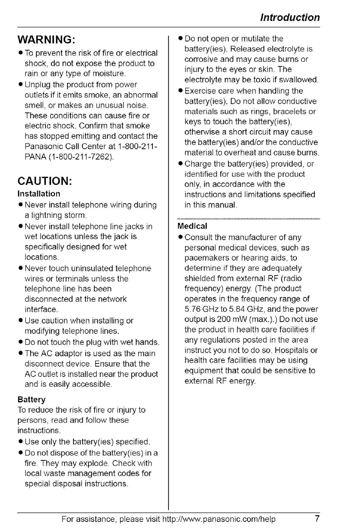 Panasonic KX-TG6071, KX-TG6073, KX-TG6074, KX-TG6072 operating instructions Battery, Medical 