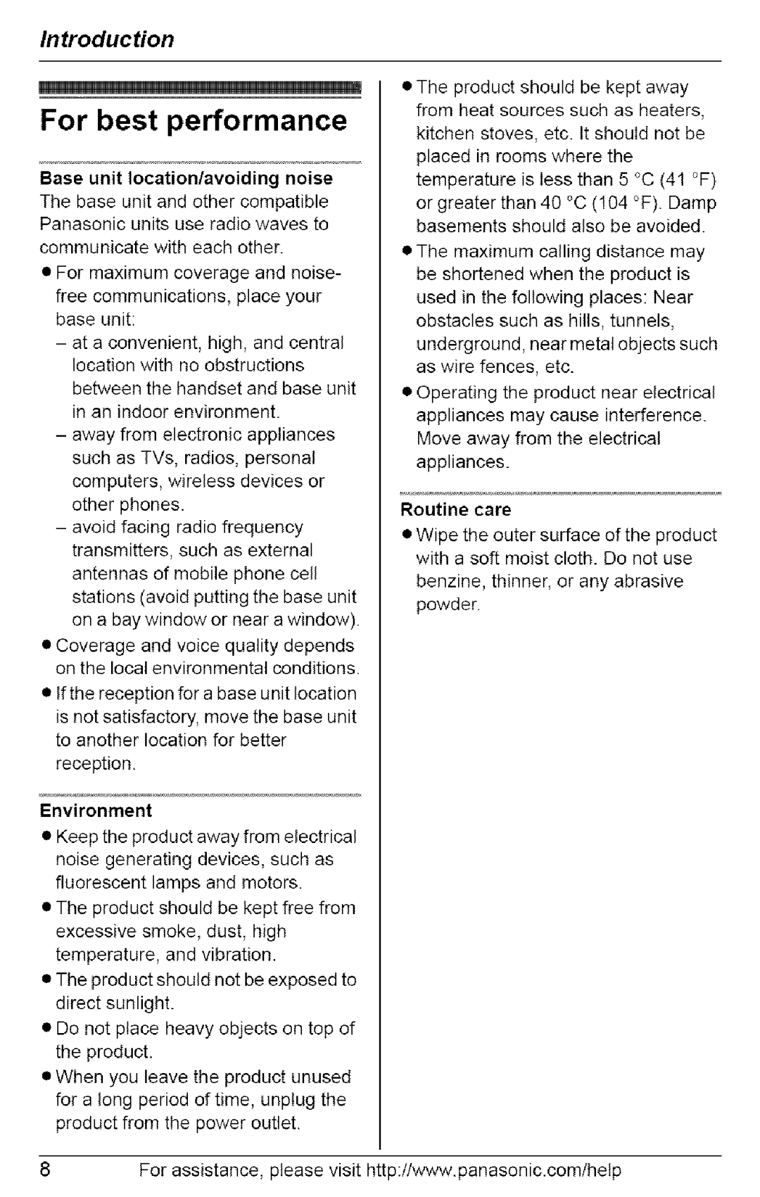 Panasonic KX-TG6073, KX-TG6074 For best performance, Base unit location/avoiding noise, Environment, Routine care 