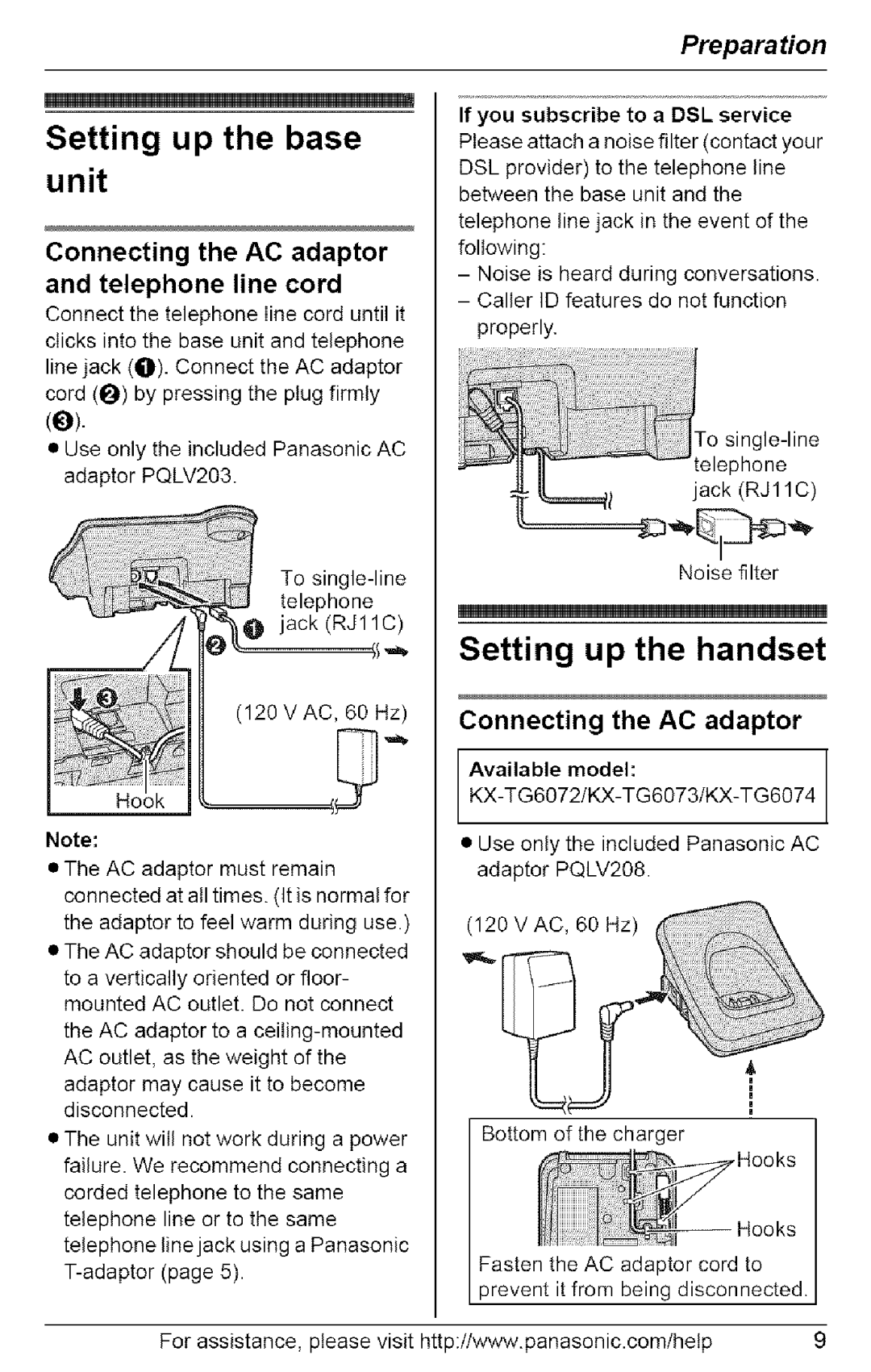 Panasonic KX-TG6074 Setting up the base unit, Setting up the handset, Connecting the AC adaptor and telephone line cord 