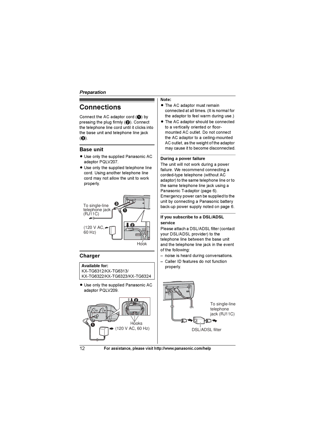 Panasonic KX-TG6312, KXTG6311 Connections, Charger, Hooks, During a power failure, If you subscribe to a DSL/ADSL service 