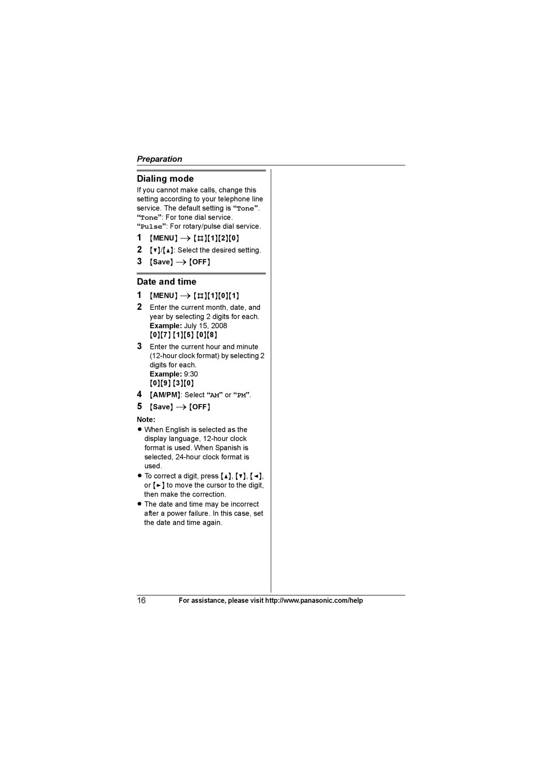 Panasonic KX-TG6323, KX-TG6312, KXTG6311, KX-TG6322, KX-TG6324, KX-TG6313 operating instructions Dialing mode, Date and time 