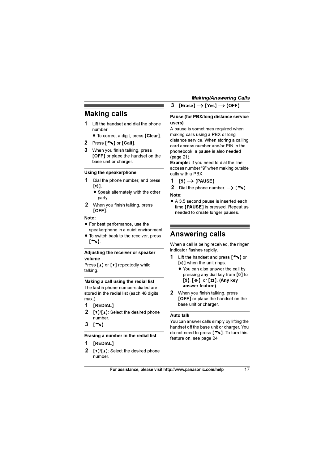 Panasonic KX-TG6313, KX-TG6312, KXTG6311, KX-TG6322, KX-TG6324, KX-TG6323 operating instructions Making calls, Answering calls 