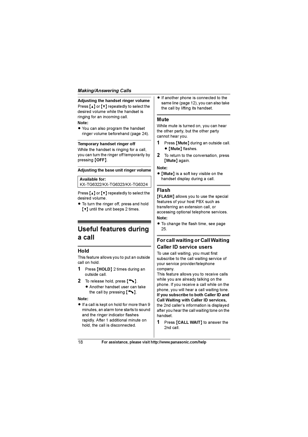 Panasonic KX-TG6312, KXTG6311, KX-TG6322, KX-TG6324, KX-TG6323, KX-TG6313 Useful features during a call, Hold, Mute, Flash 