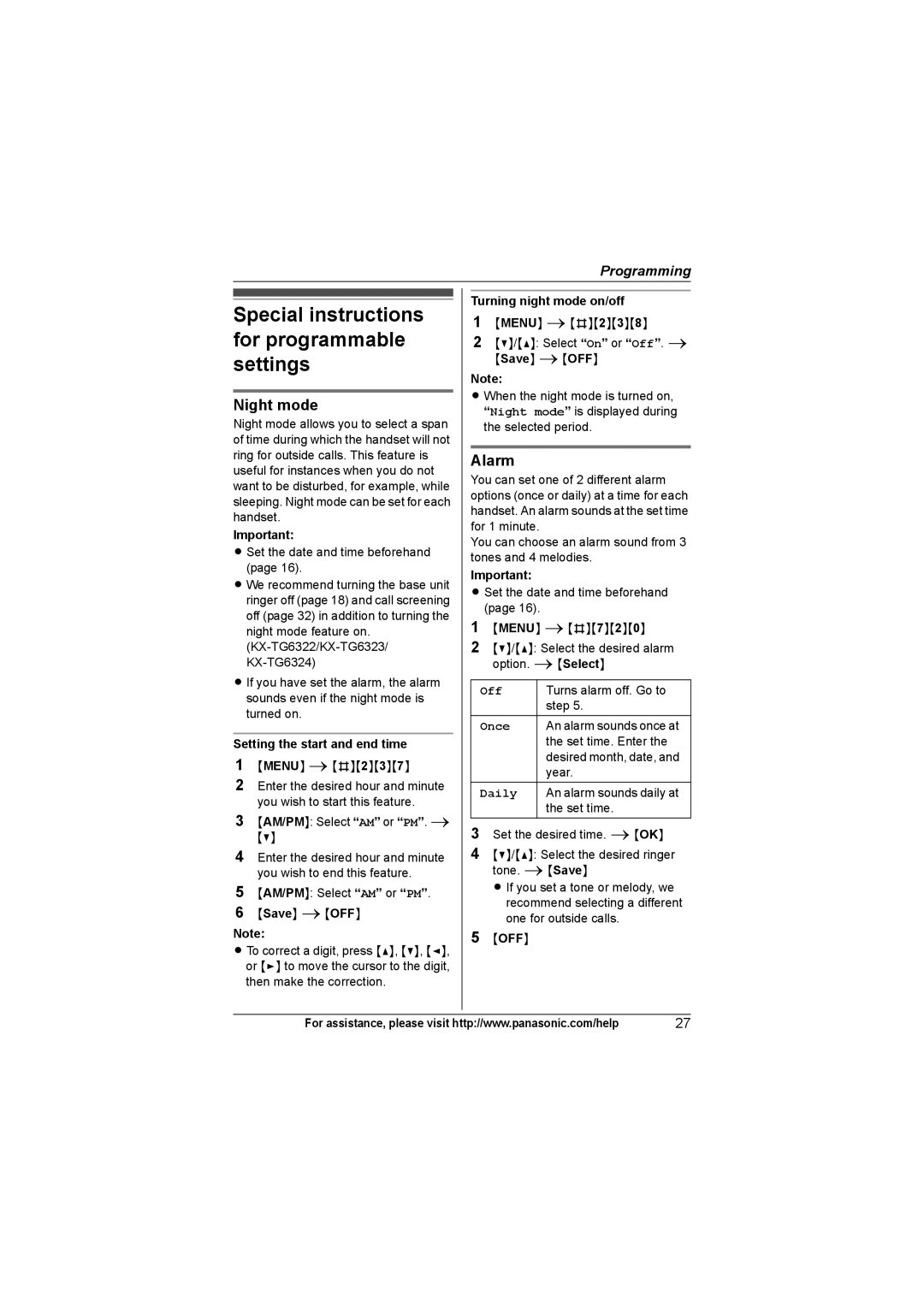 Panasonic KX-TG6324 Special instructions for programmable settings, Night mode, Alarm, Setting the start and end time 