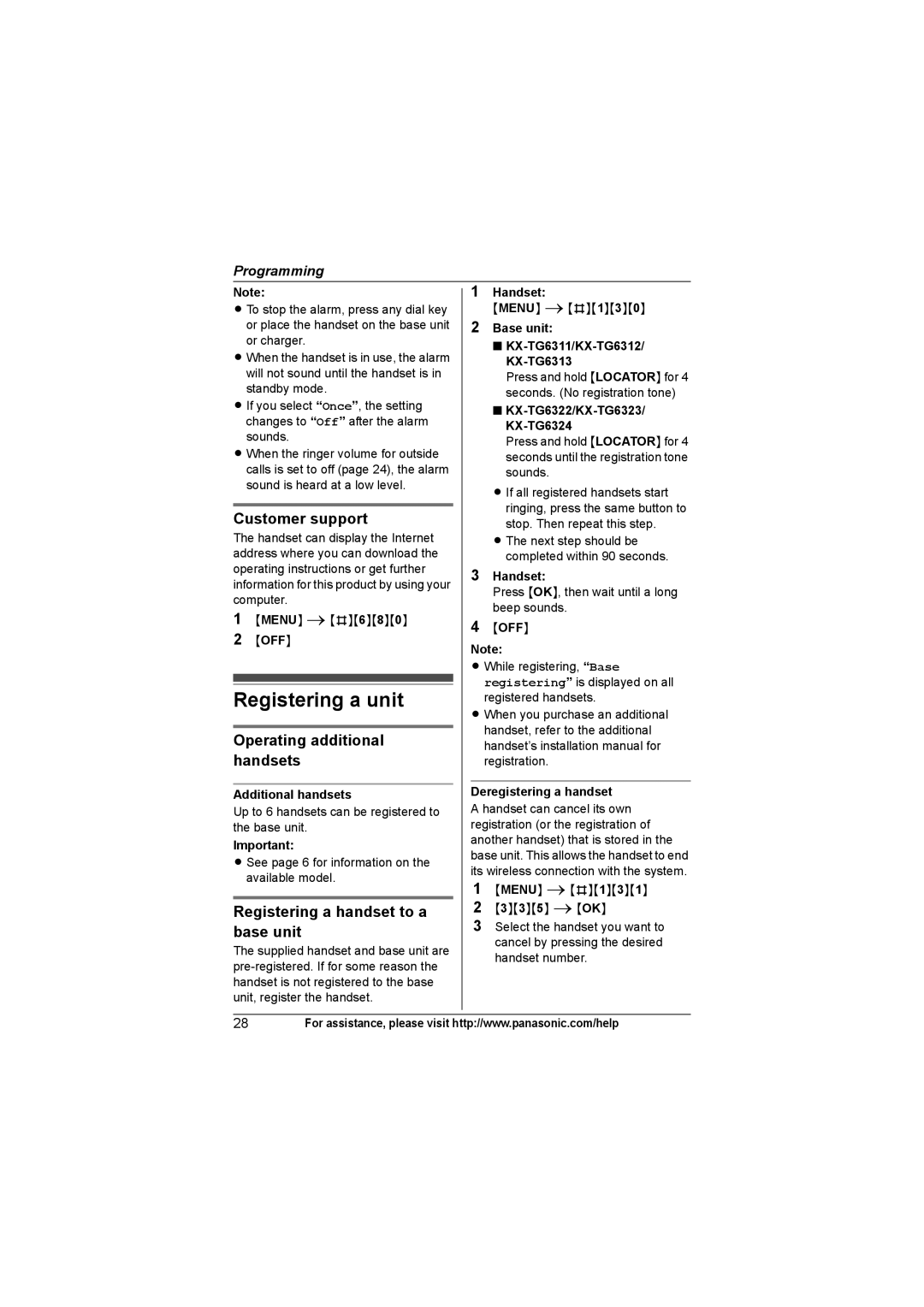 Panasonic KX-TG6323, KX-TG6312, KXTG6311, KX-TG6322 Registering a unit, Customer support, Operating additional handsets 