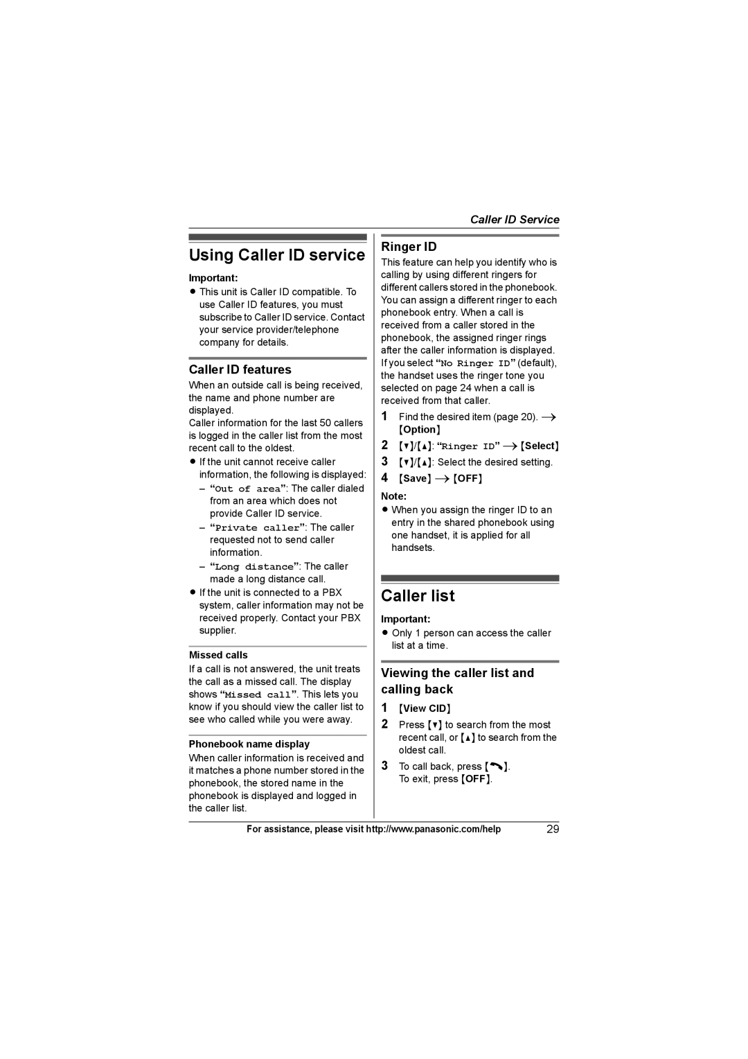 Panasonic KX-TG6313, KX-TG6312, KXTG6311, KX-TG6322 Using Caller ID service, Caller list, Caller ID features, Ringer ID 