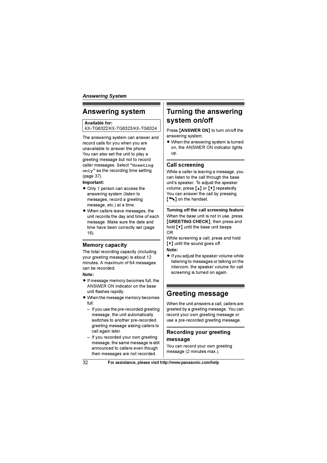 Panasonic KX-TG6322, KX-TG6312, KXTG6311, KX-TG6324 Answering system, Turning the answering system on/off, Greeting message 