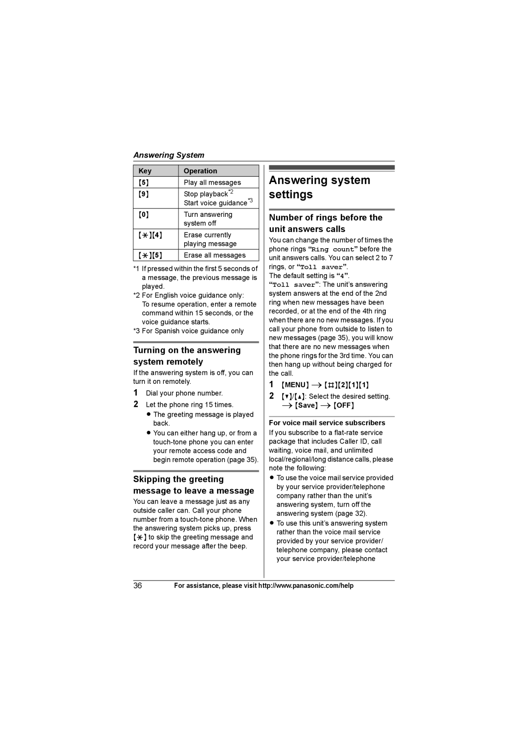 Panasonic KX-TG6312, KXTG6311, KX-TG6322, KX-TG6324 Answering system settings, Turning on the answering system remotely 