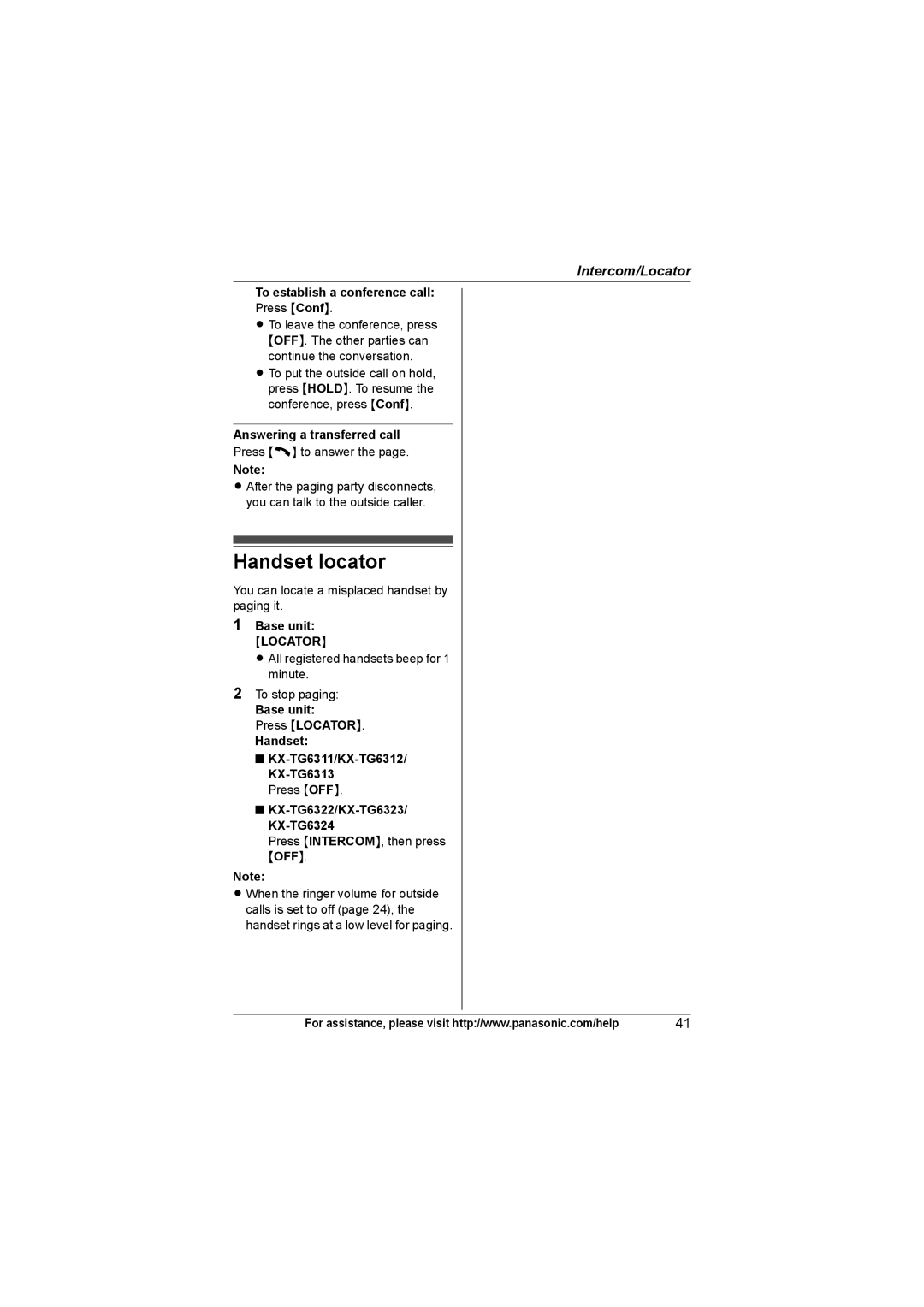 Panasonic KX-TG6313 Handset locator, To establish a conference call, Answering a transferred call, Base unit Locator 