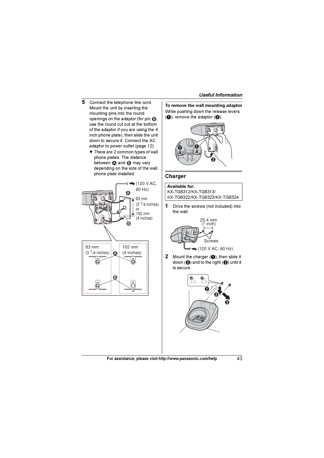 Panasonic KXTG6311, KX-TG6312, KX-TG6322, KX-TG6324, KX-TG6323, KX-TG6313 Charger, To remove the wall mounting adaptor 