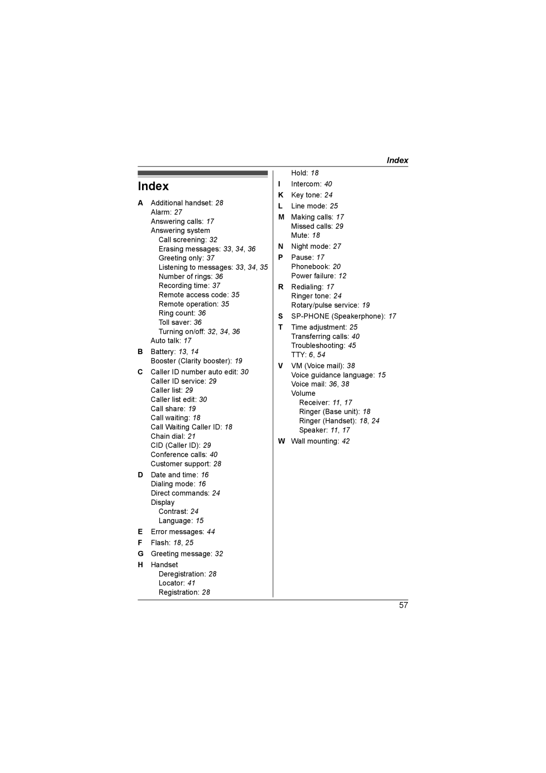 Panasonic KX-TG6324, KX-TG6312, KXTG6311, KX-TG6322, KX-TG6323, KX-TG6313 operating instructions Index 