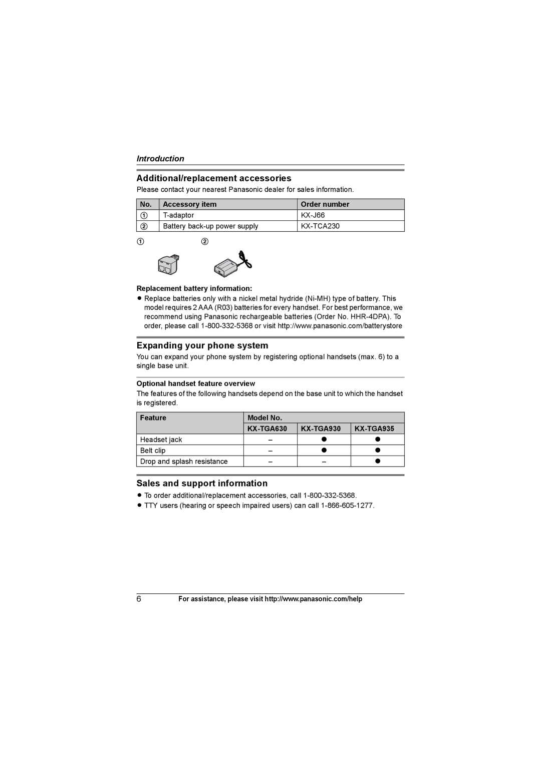 Panasonic KX-TG6312 Additional/replacement accessories, Expanding your phone system, Sales and support information 