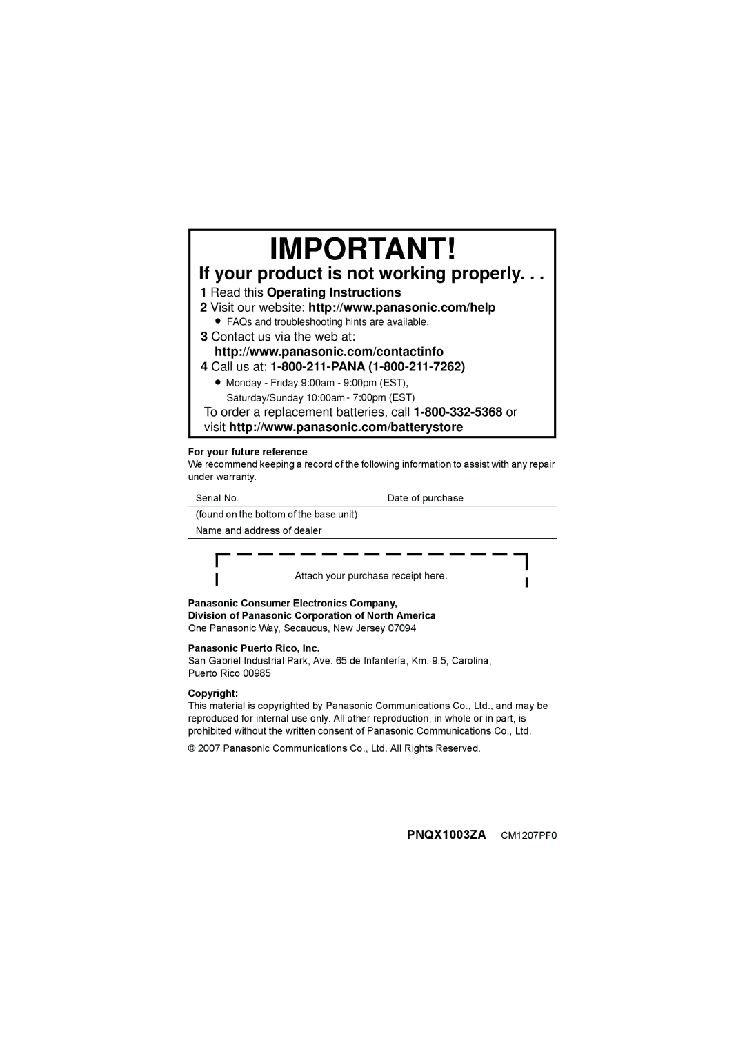 Panasonic KX-TG6312, KXTG6311, KX-TG6322 Read this Operating Instructions, Call us at 1-800-211-PANA, PNQX1003ZA CM1207PF0 