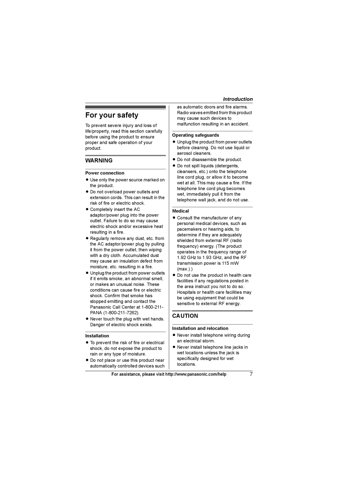 Panasonic KXTG6311, KX-TG6312, KX-TG6322, KX-TG6324, KX-TG6323, KX-TG6313 operating instructions For your safety 