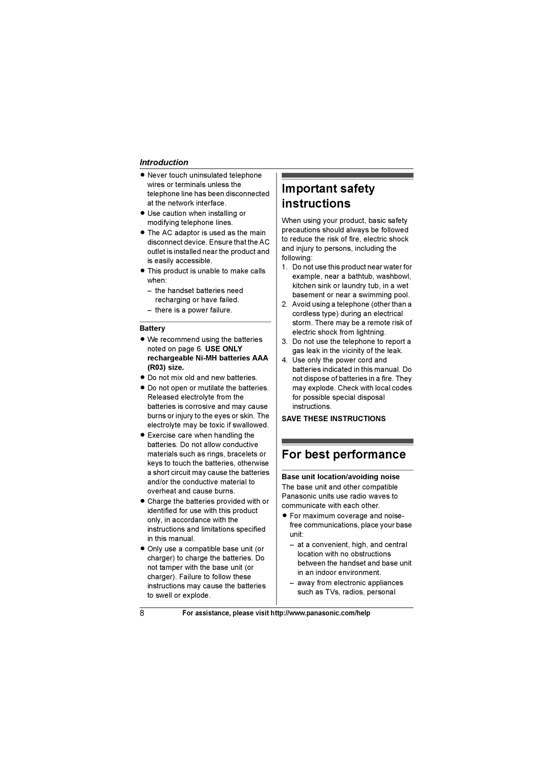 Panasonic KX-TG6322 Important safety instructions, For best performance, Battery, Base unit location/avoiding noise 