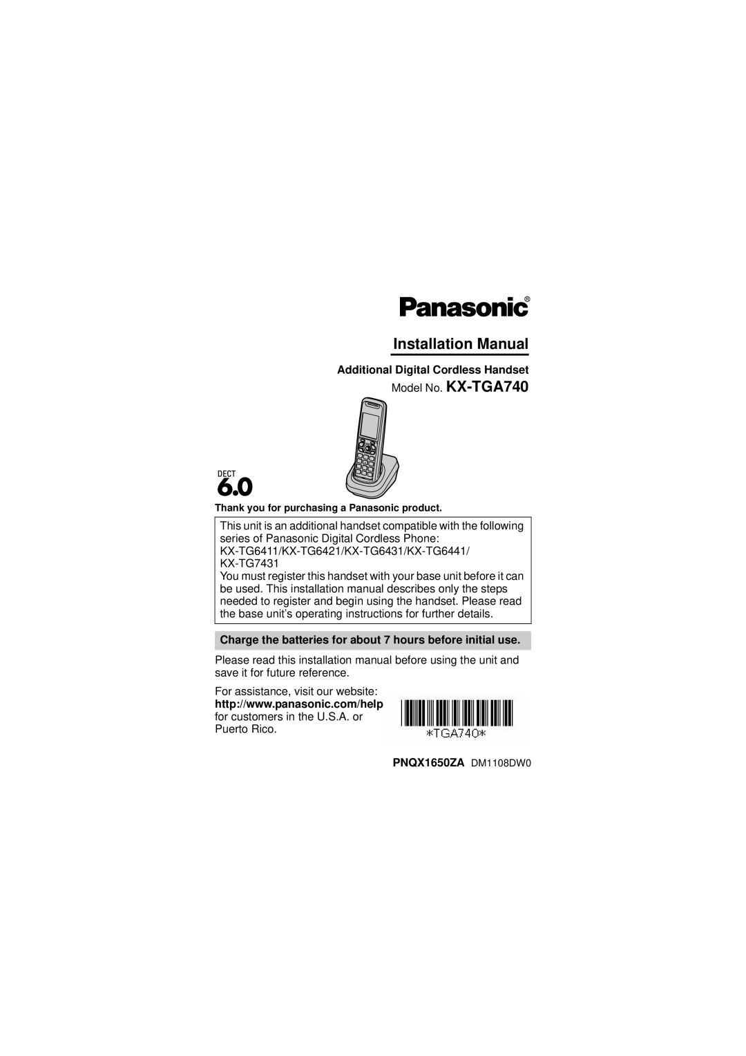 Panasonic KX-TG6421 installation manual Installation Manual, Thank you for purchasing a Panasonic product 