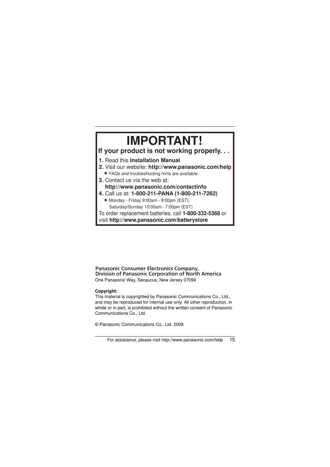 Panasonic KX-TG6421 If your product is not working properly, Read this Installation Manual, Call us at 1-800-211-PANA 