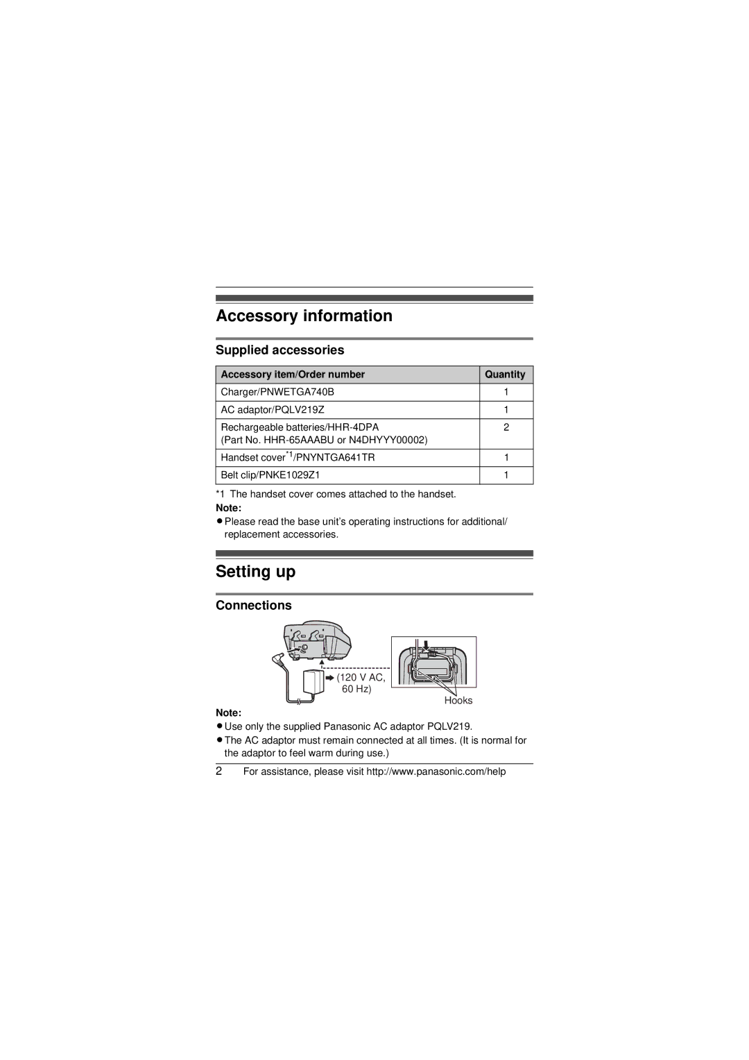 Panasonic KX-TG6421 installation manual Supplied accessories, Connections, Accessory item/Order number Quantity 