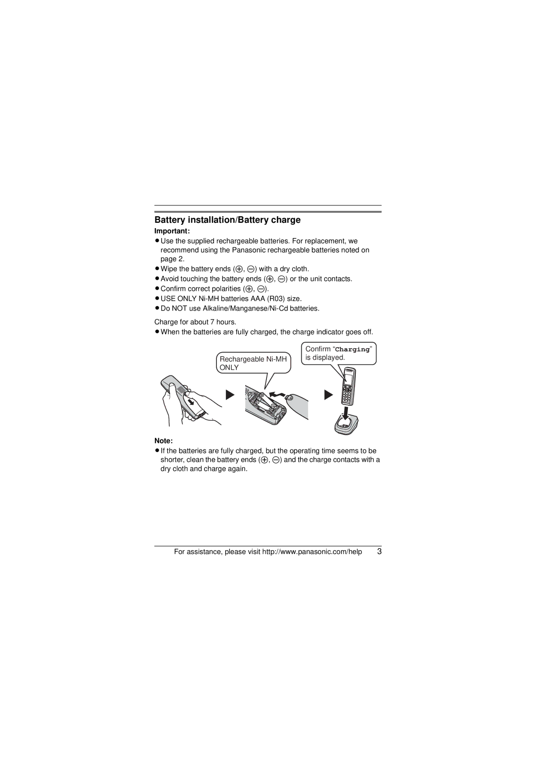 Panasonic KX-TG6421 installation manual Battery installation/Battery charge, Only 