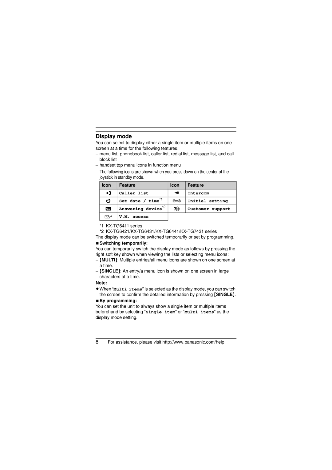 Panasonic KX-TG6421 installation manual Display mode, Icon Feature, NSwitching temporarily, NBy programming 