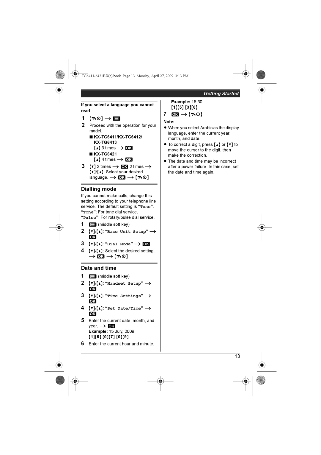 Panasonic KX-TG6421BX Dialling mode, Date and time, Base Unit Setup, Handset Setup Time Settings Set Date/Time 