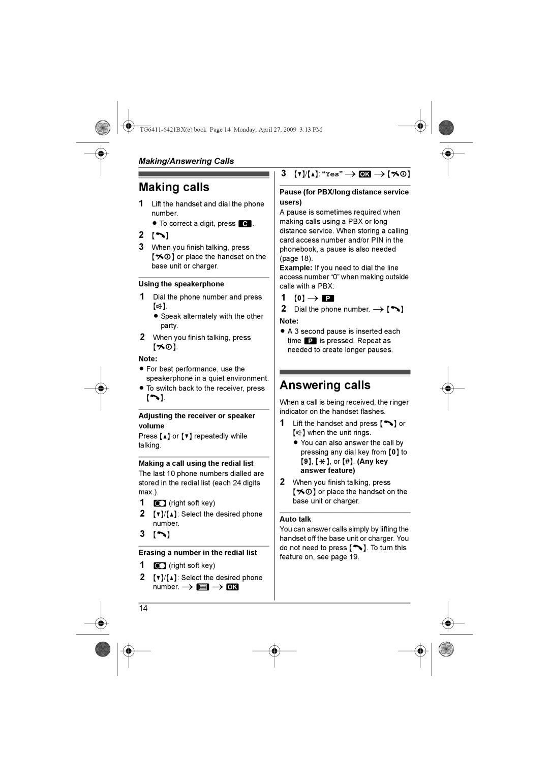 Panasonic KX-TG6421BX operating instructions Making calls, Answering calls 