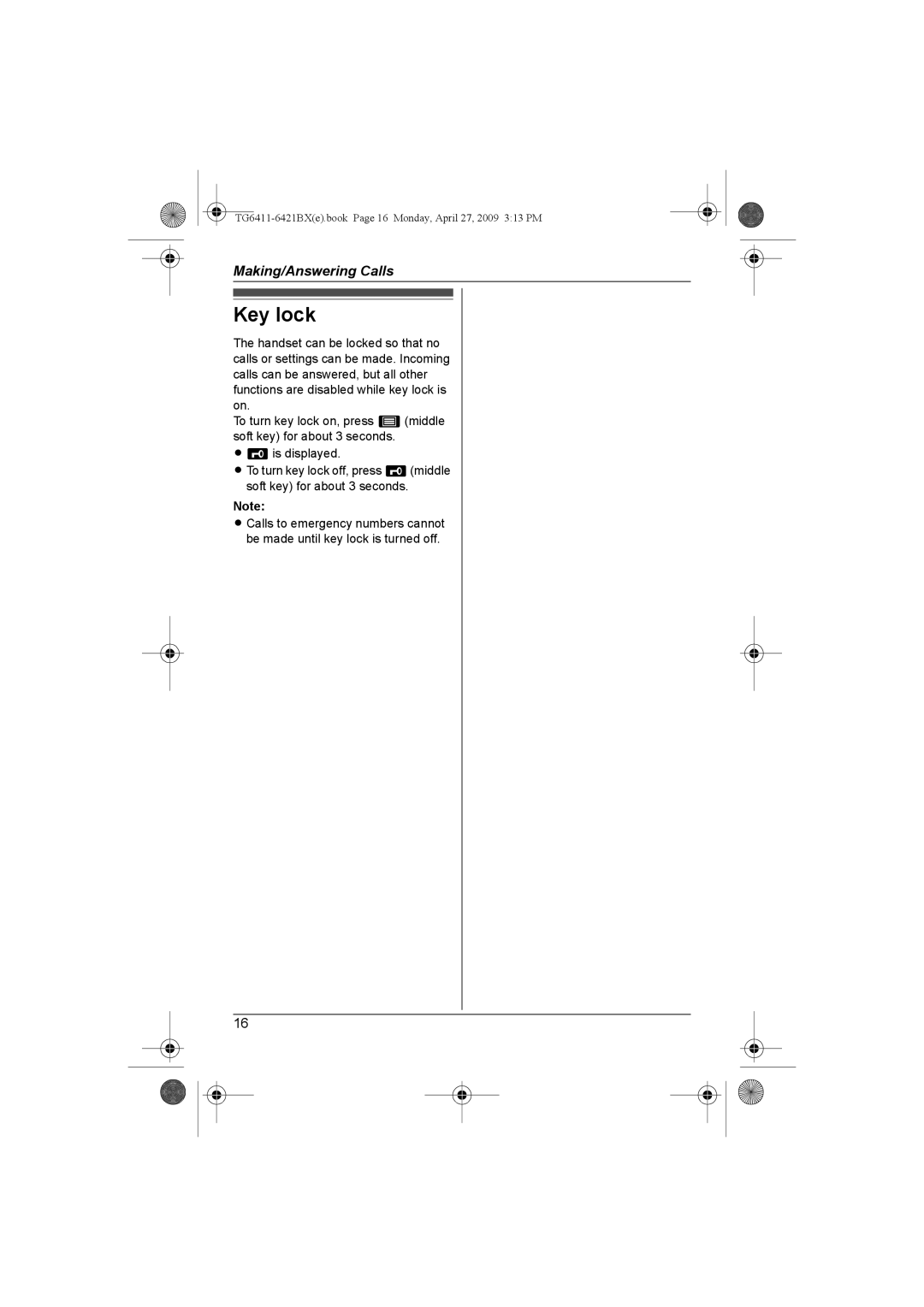 Panasonic KX-TG6421BX operating instructions Key lock 