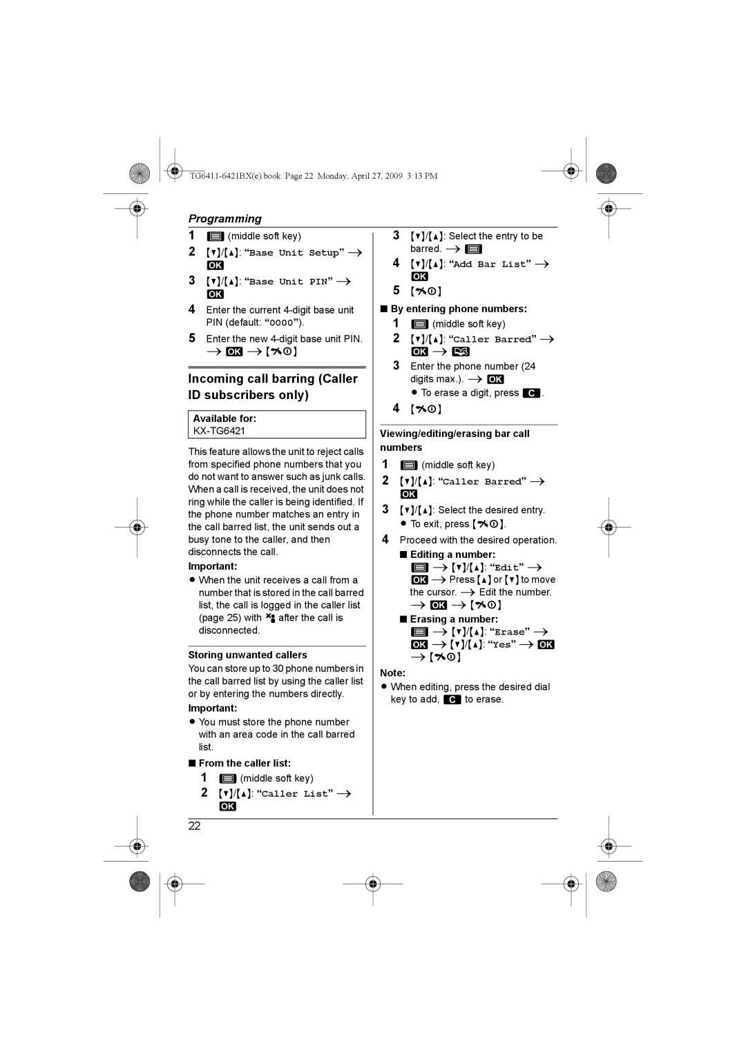 Panasonic KX-TG6421BX operating instructions Incoming call barring Caller ID subscribers only 