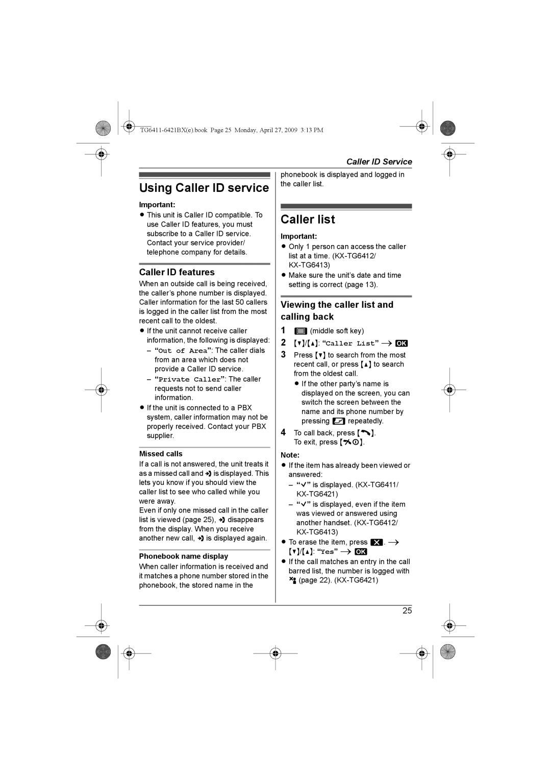 Panasonic KX-TG6421BX Using Caller ID service, Caller list, Caller ID features, Viewing the caller list and calling back 