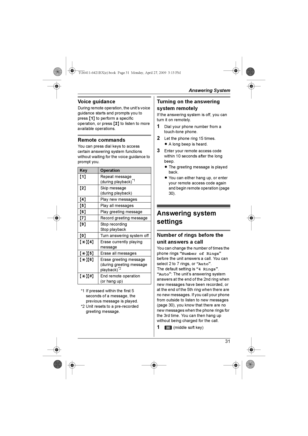 Panasonic KX-TG6421BX Answering system settings, Voice guidance, Remote commands, Turning on the answering system remotely 