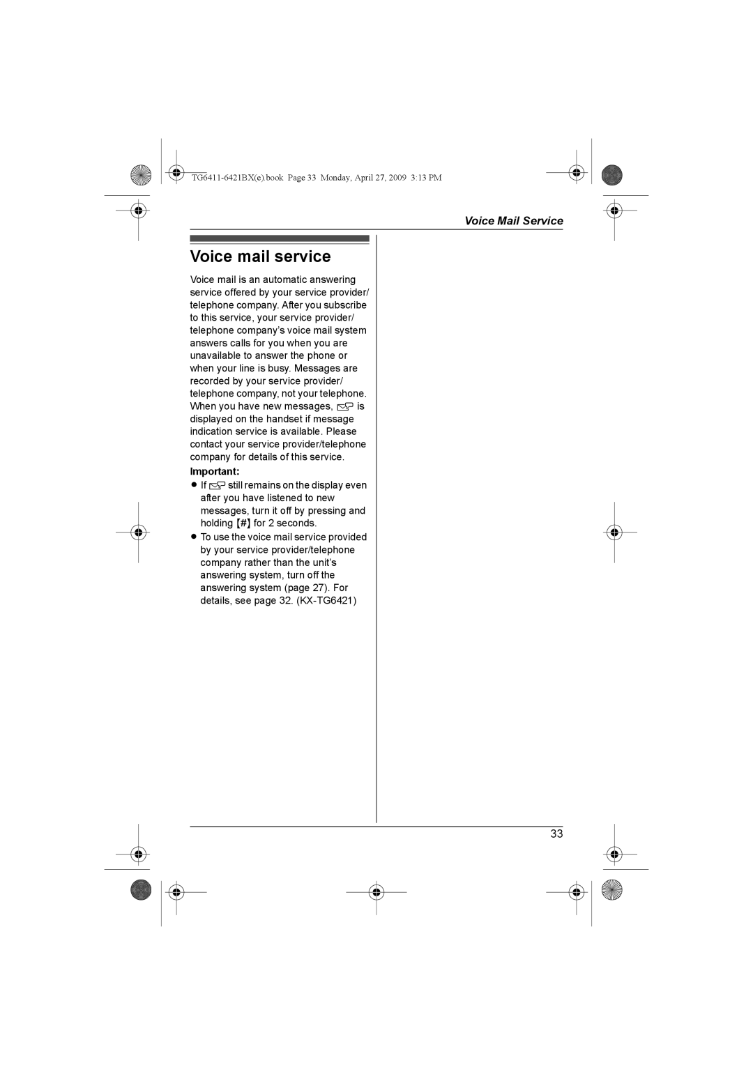 Panasonic KX-TG6421BX operating instructions Voice mail service 