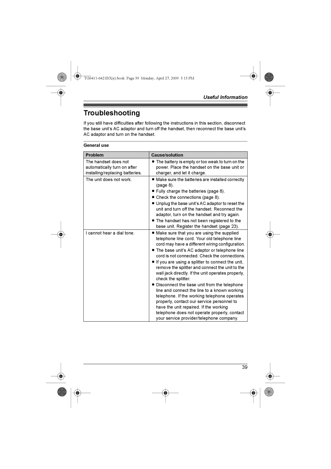 Panasonic KX-TG6421BX operating instructions Troubleshooting, General use Problem Cause/solution 