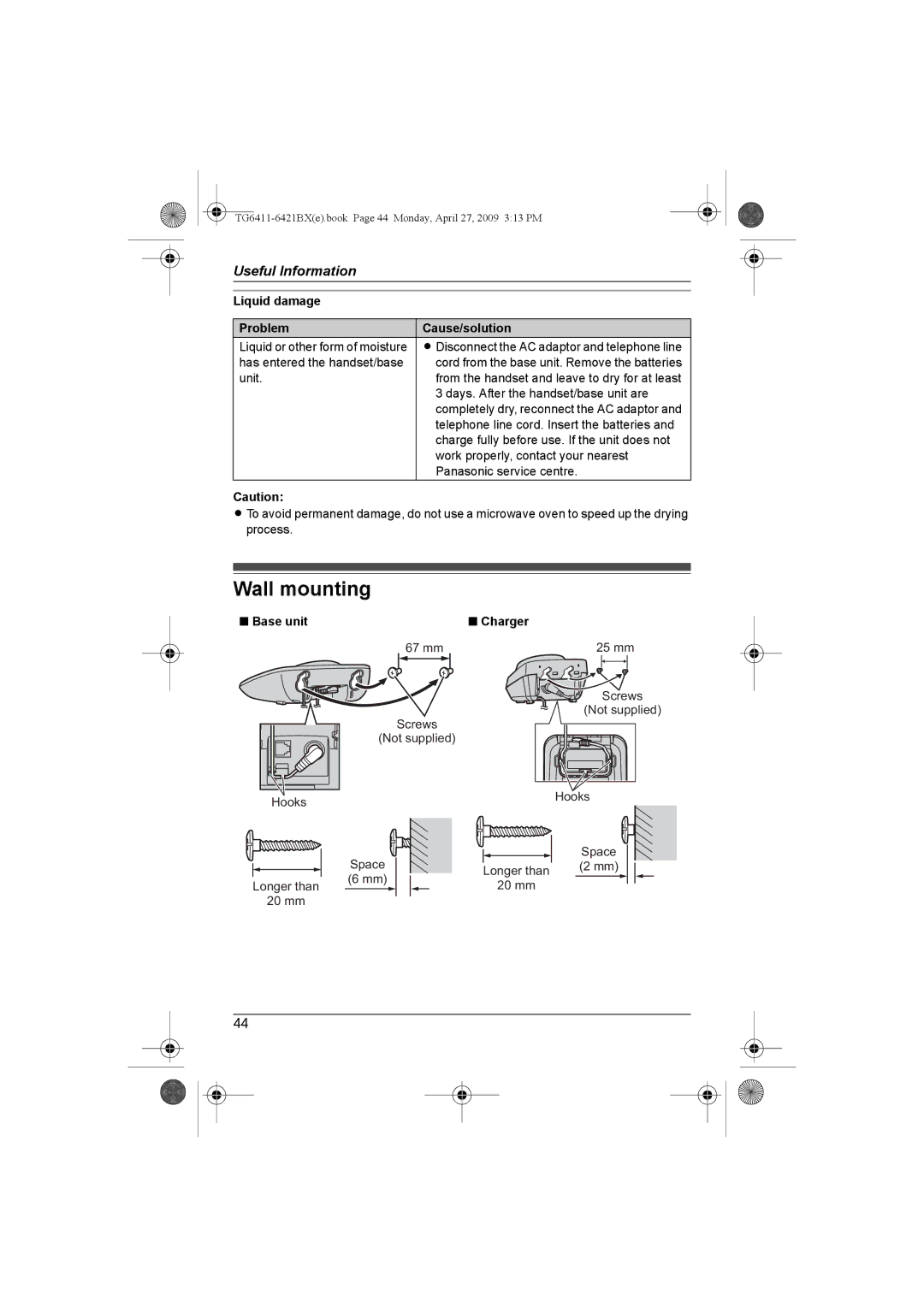 Panasonic KX-TG6421BX operating instructions Wall mounting, Liquid damage Problem Cause/solution, Base unit Charger 