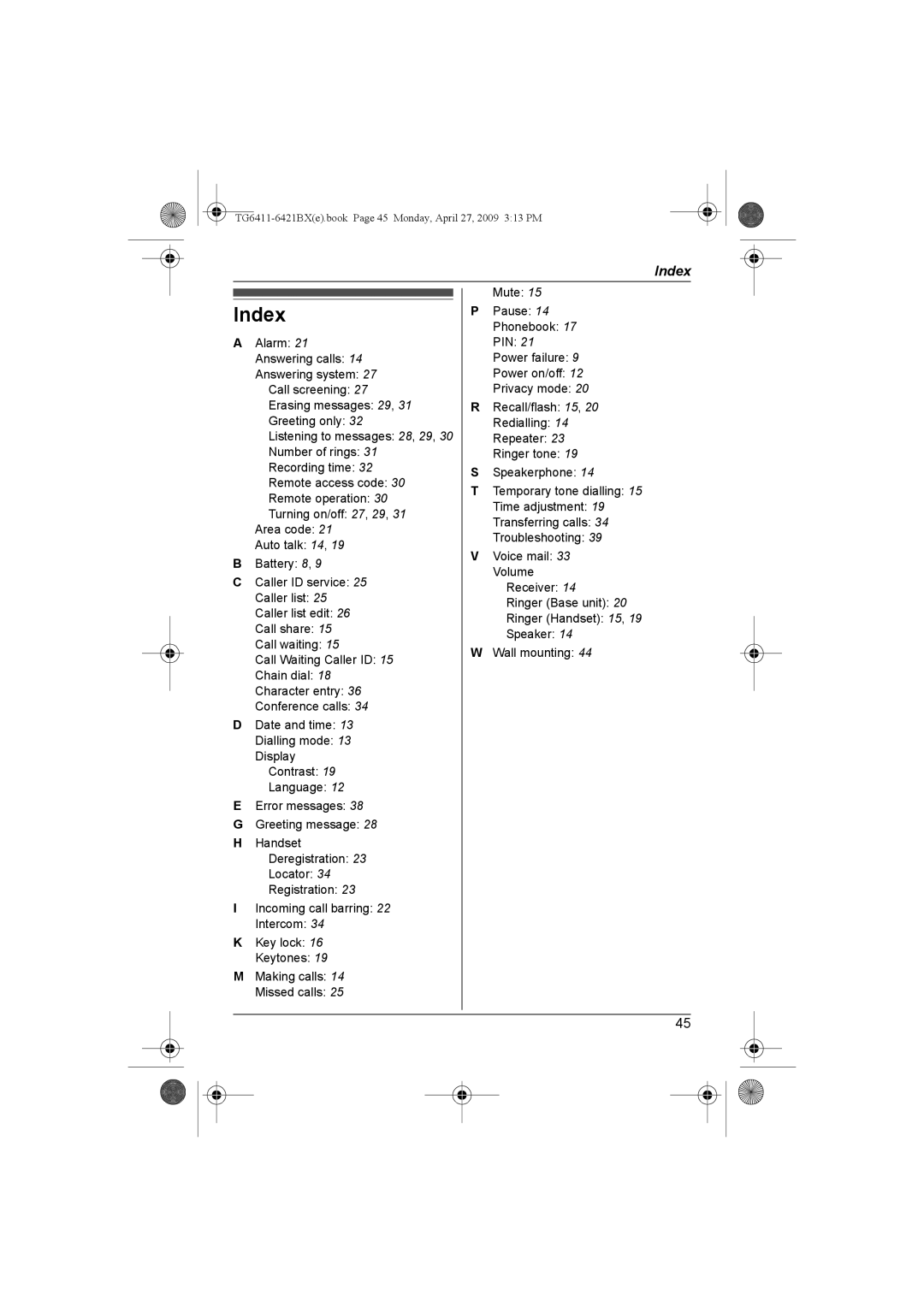 Panasonic KX-TG6421BX operating instructions Index 