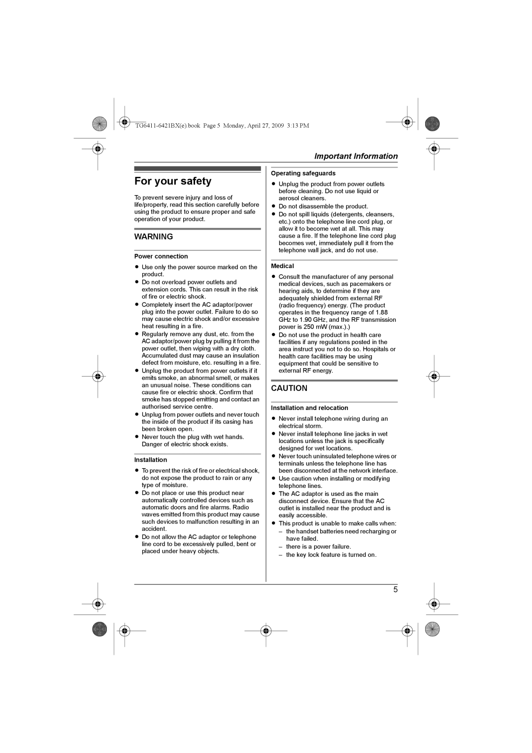 Panasonic KX-TG6421BX operating instructions For your safety 