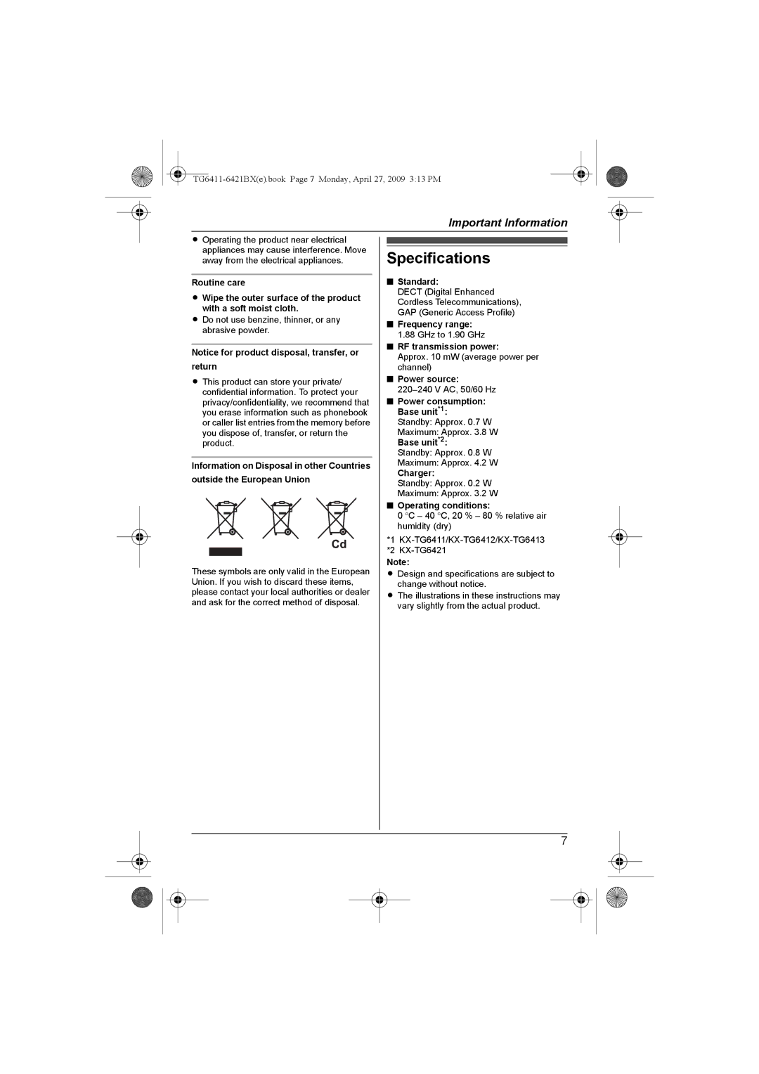 Panasonic KX-TG6421BX operating instructions Specifications 