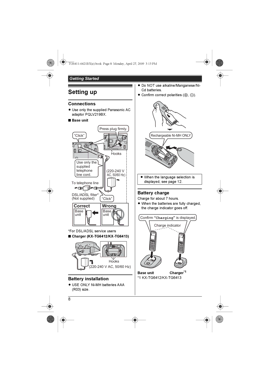 Panasonic KX-TG6421BX operating instructions Setting up, Connections, Correct Wrong, Battery installation, Battery charge 