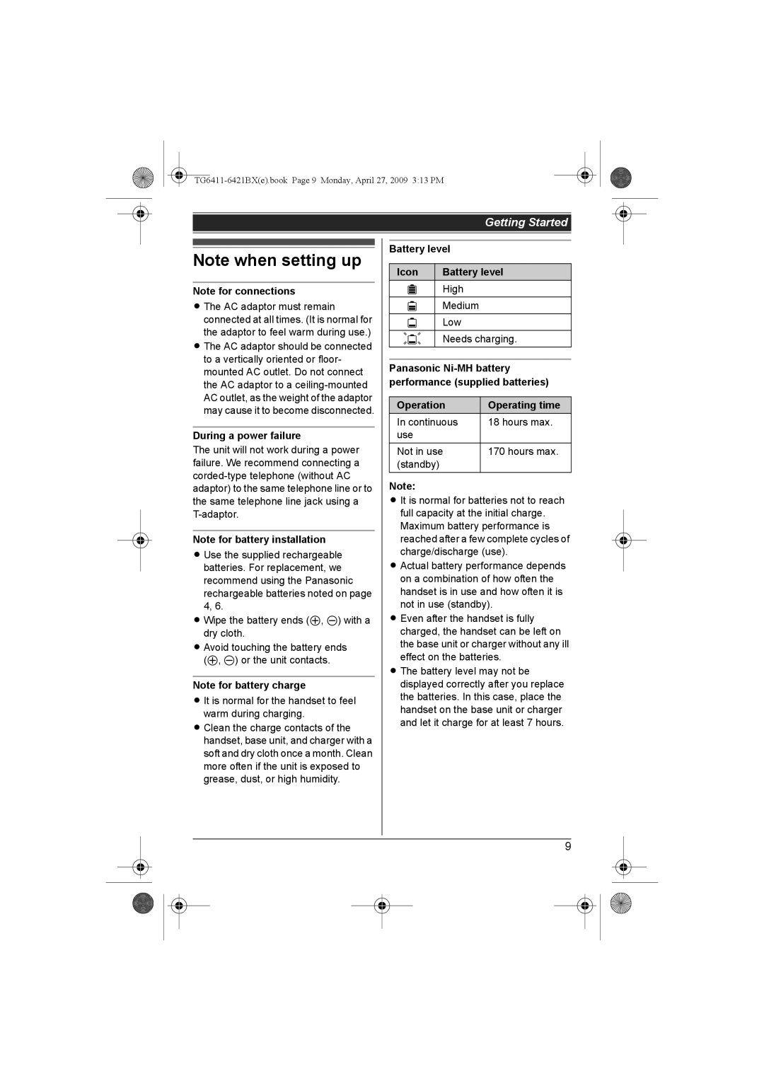 Panasonic KX-TG6421BX operating instructions During a power failure, Battery level Icon, Operation Operating time 