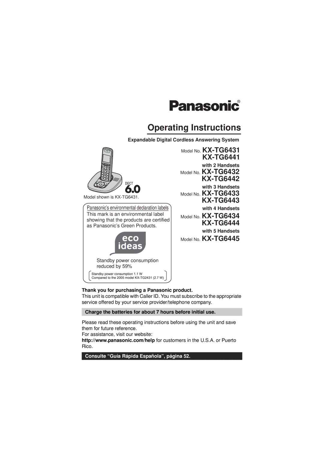 Panasonic KX-TG6431, KX-TG6445T, KX-TG6434, KX-TG6432 operating instructions KX-TG6441, KX-TG6442, KX-TG6443, KX-TG6444 