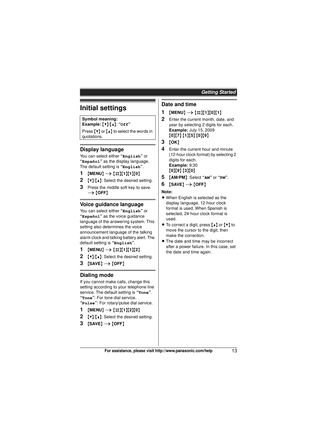 Panasonic KX-TG6431, KX-TG6434 Initial settings, Display language, Voice guidance language, Dialing mode, Date and time 