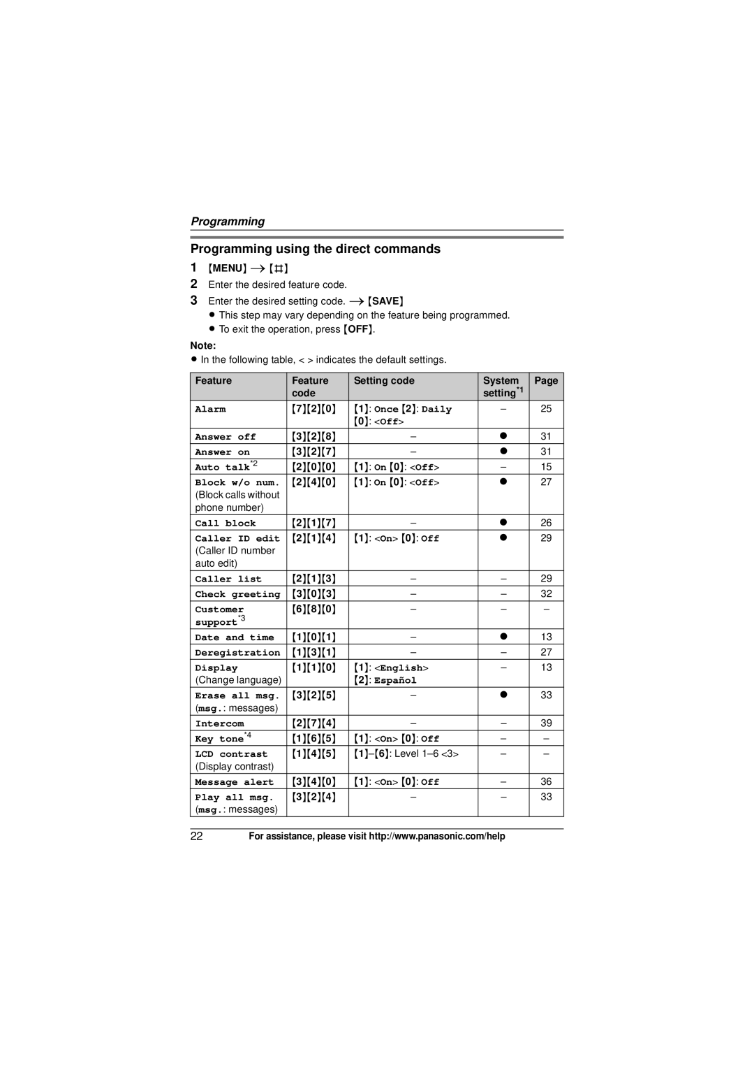 Panasonic KX-TG6434T, KX-TG6431, KX-TG6445T Programming using the direct commands, Feature Setting code System Code 