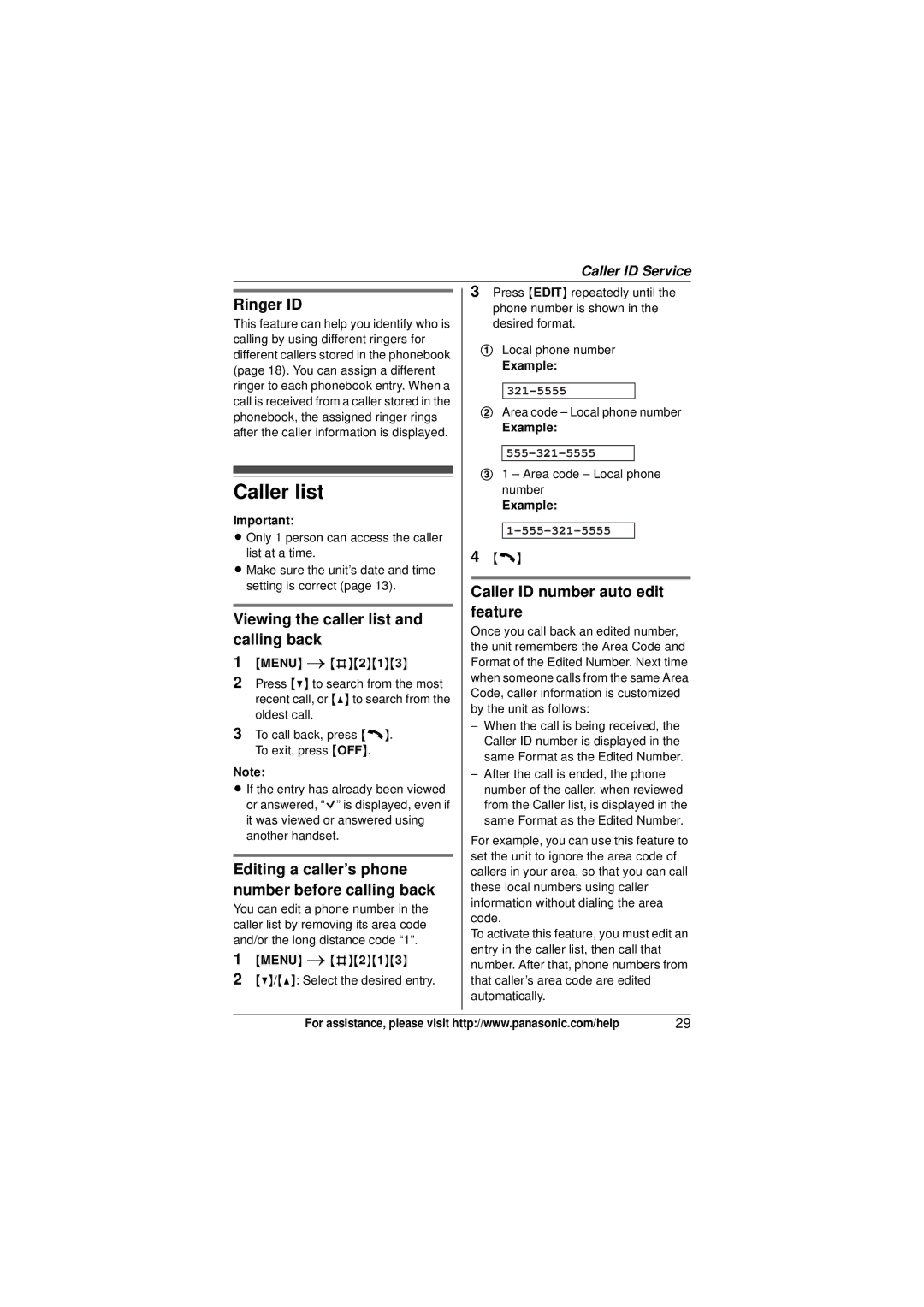 Panasonic KX-TG6441 Caller list, Ringer ID, Viewing the caller list and calling back, Caller ID number auto edit feature 