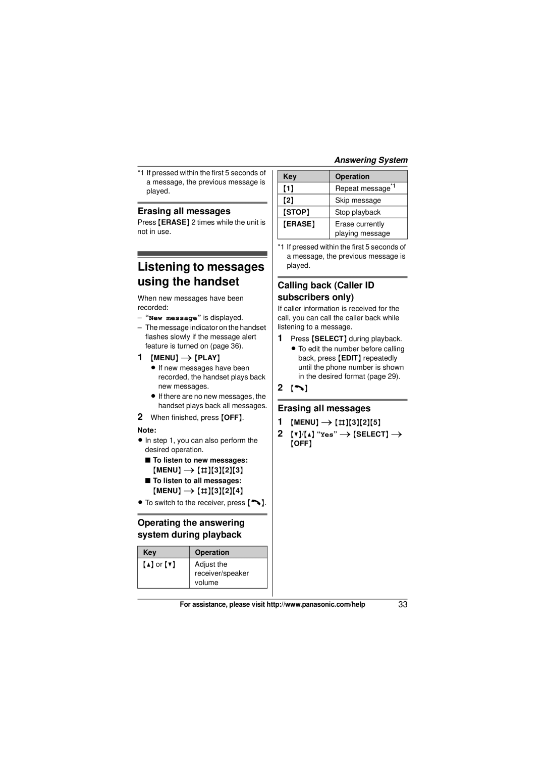 Panasonic KX-TG6445 Listening to messages using the handset, Erasing all messages, Calling back Caller ID subscribers only 