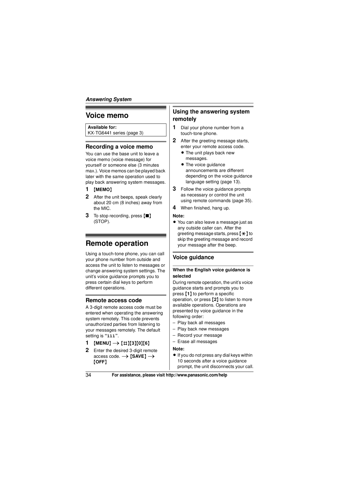Panasonic KX-TG6434T, KX-TG6431, KX-TG6445T, KX-TG6443, KX-TG6441, KX-TG6432, KX-TG6444, KX-TG6442 Voice memo, Remote operation 
